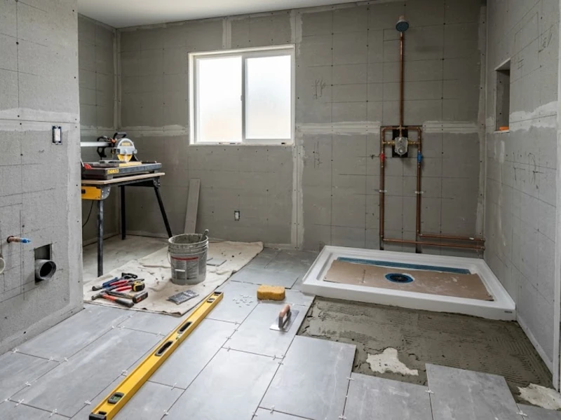 Bathroom mid-remodel showing cement board walls, partial tile floor, and exposed plumbing rough-in