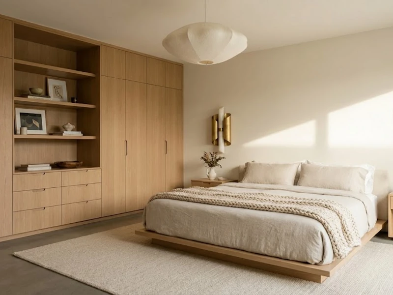 Finished master bedroom with built-in storage, statement lighting, and neutral palette