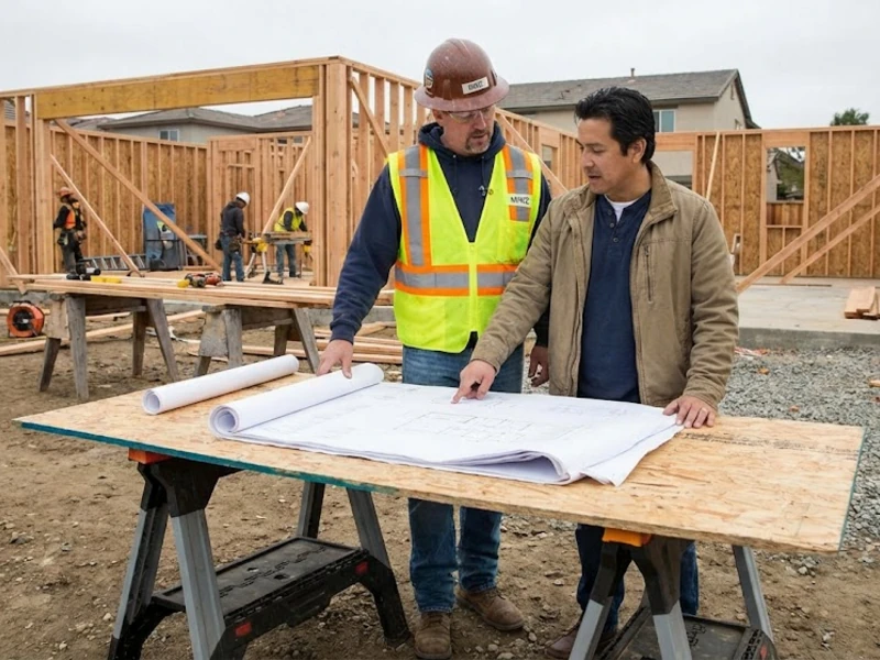 Builder and homeowner reviewing construction plans together on site