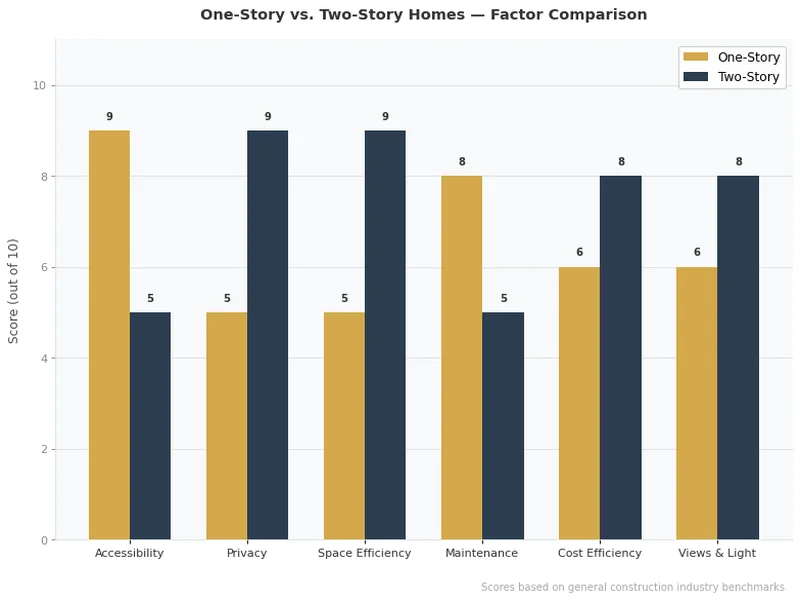 Bar chart comparing one-story vs two-story homes across six key factors