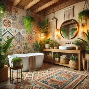 A beautifully designed Bohemian-style bathroom featuring earthy tones