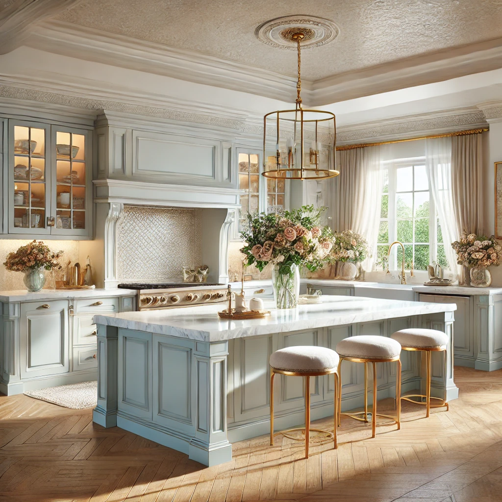 A dreamy kitchen design featuring soft pastel tones