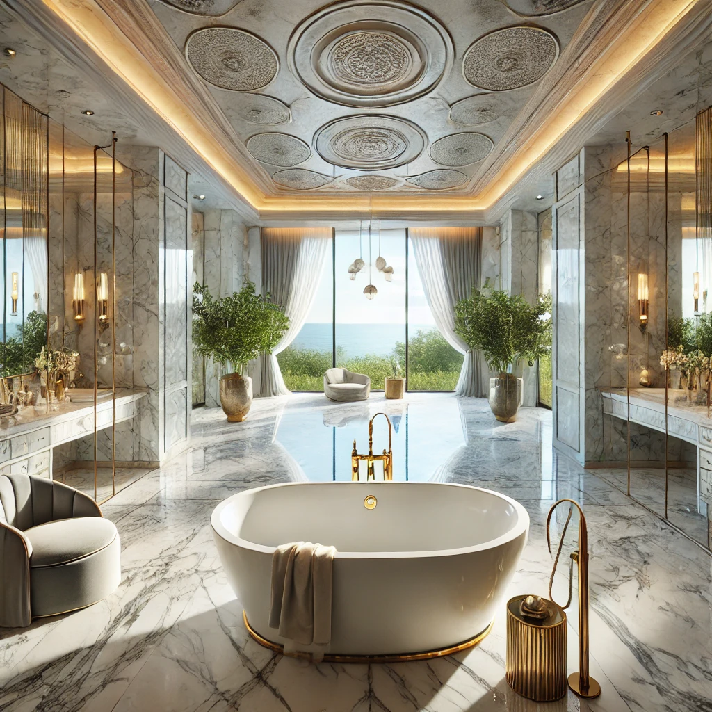 A grand and luxurious restroom design, emphasizing relaxation and elegance, with opulent features and a serene ambiance