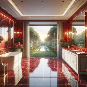 Luxurious bathroom design featuring a bold red-themed ambiance