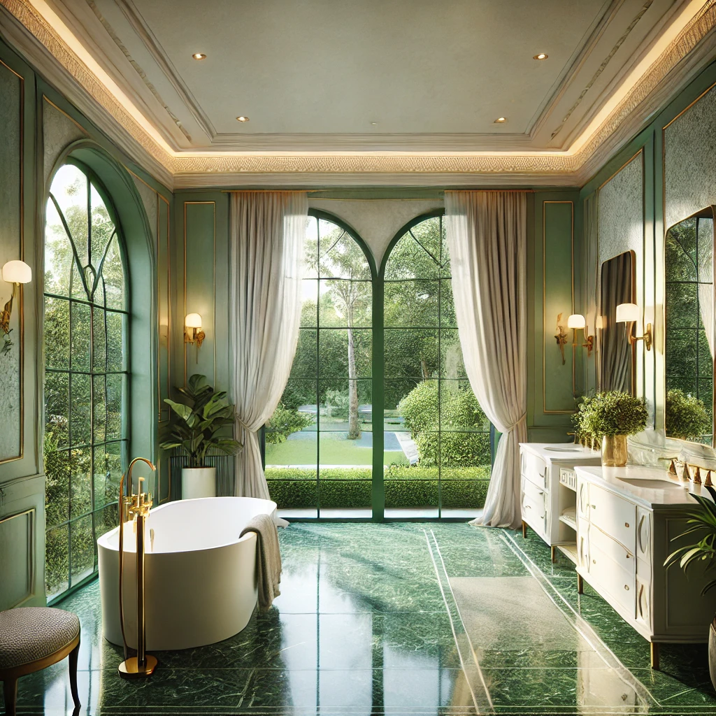 Luxurious bathroom design featuring a green-themed ambiance