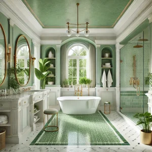 Luxurious bathroom design featuring a refreshing green and white color scheme