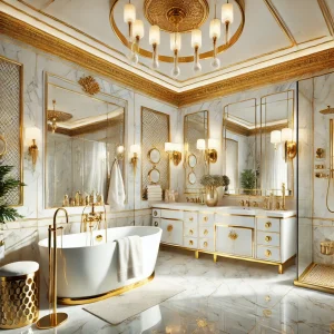 Luxurious bathroom design featuring an opulent gold and white color scheme