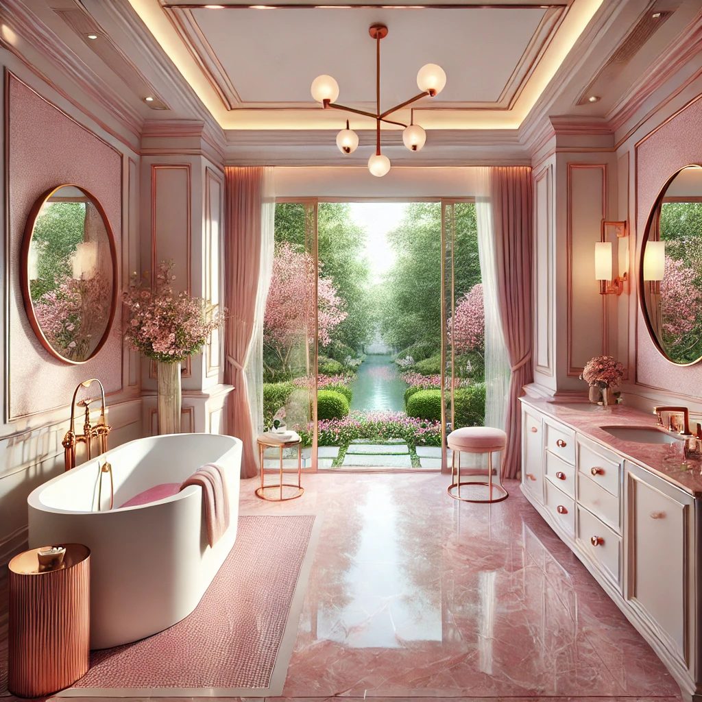 Luxurious bathroom design featuring a pink-themed ambiance