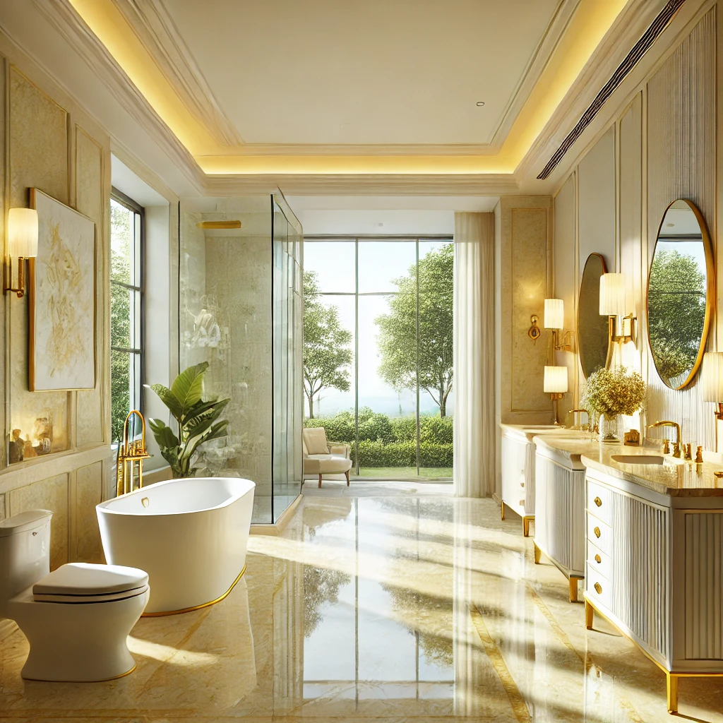 Luxurious bathroom design with a light yellow color theme