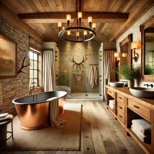 Luxurious rustic bathroom design, blending natural materials like wood and stone with elegant touches