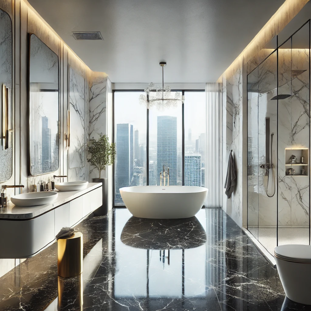 Luxury modern bathroom design, featuring high-end materials, sleek finishes,