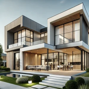 contemporary home exterior, showcasing clean lines, a mix of materials, and an open layout