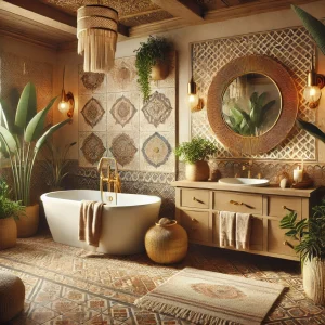 Luxurious Bohemian-style bathroom design, emphasizing earthy tones, natural elements, and a serene, sophisticated ambiance