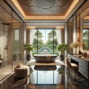 Luxurious bathroom design illustration, featuring a spacious and sophisticated ambiance with elegant details and a serene view.