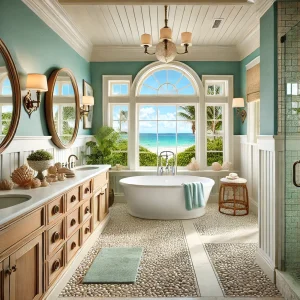 Luxurious coastal bathroom design, blending soft, serene colors with nautical touches and natural light