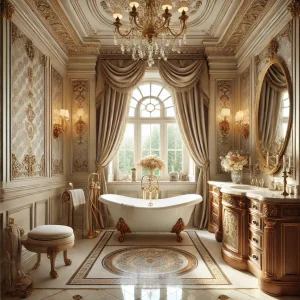 Luxurious traditional bathroom design, blending classic elegance with rich textures