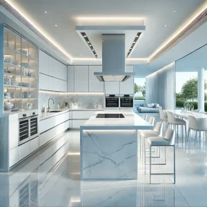 luxurious white kitchen design with a modern and minimalistic style.