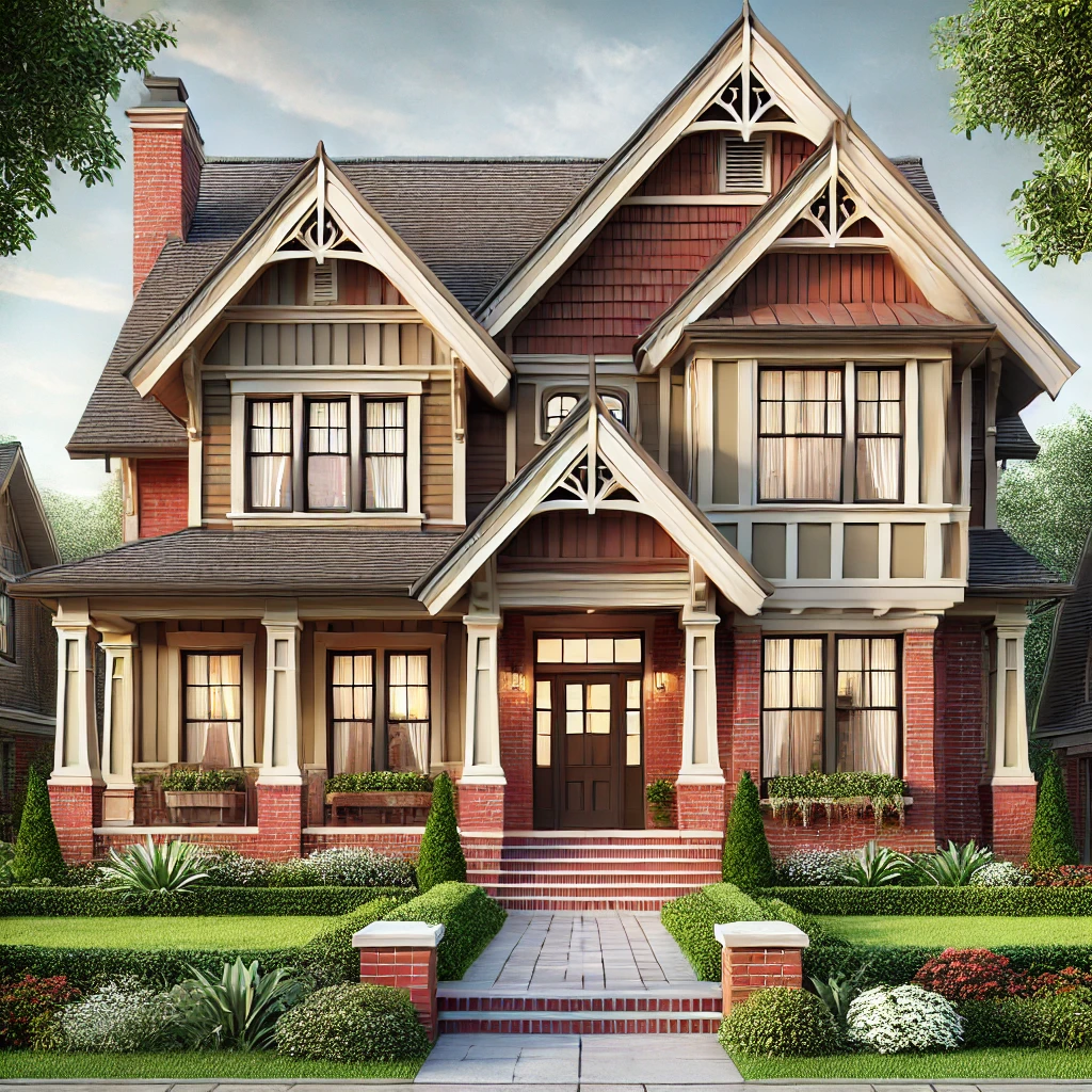 traditional home exterior, showcasing a symmetrical facade, brick or wood cladding, and charming architectural details