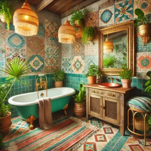 Utifully detailed Bohemian-style bathroom