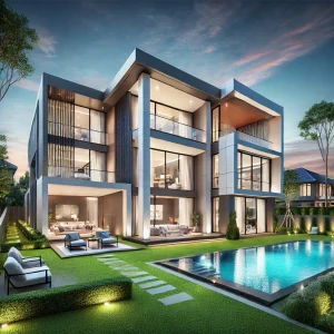 depiction of a beautiful custom-built home showcasing modern architecture and luxurious features in a serene environment